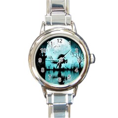 Wonderful Unicorn Silhouette In The Night Round Italian Charm Watch by FantasyWorld7