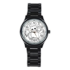 Cute Cat Coloring Page Design Stainless Steel Round Watch by Wegoenart