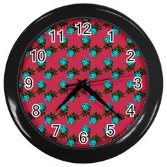 Blue Roses Pink Wall Clock (black) by snowwhitegirl