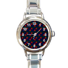 Red Roses Dark Blue Round Italian Charm Watch by snowwhitegirl