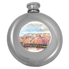 Architecture City Buildings River Round Hip Flask (5 Oz) by Simbadda