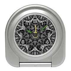 Black And White Pattern Monochrome Lighting Circle Neon Psychedelic Illustration Design Symmetry Travel Alarm Clock by Vaneshart