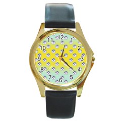 English Breakfast Yellow Pattern Mint Ombre Round Gold Metal Watch by snowwhitegirl