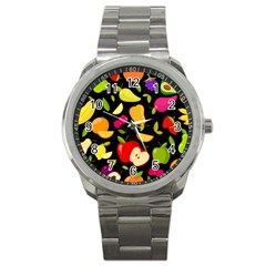 Vector Seamless Summer Fruits Pattern Black Background Sport Metal Watch by Vaneshart