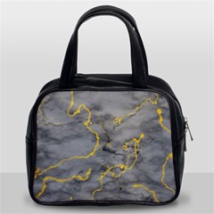 Marble Neon Retro Light Gray With Gold Yellow Veins Texture Floor Background Retro Neon 80s Style Neon Colors Print Luxuous Real Marble Classic Handbag (two Sides) by genx