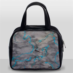 Marble Light Gray With Bright Cyan Blue Veins Texture Floor Background Retro Neon 80s Style Neon Colors Print Luxuous Real Marble Classic Handbag (two Sides) by genx