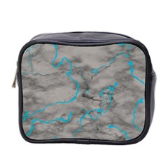 Marble Light Gray With Bright Cyan Blue Veins Texture Floor Background Retro Neon 80s Style Neon Colors Print Luxuous Real Marble Mini Toiletries Bag (two Sides) by genx