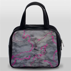 Marble Light Gray With Bright Magenta Pink Veins Texture Floor Background Retro Neon 80s Style Neon Colors Print Luxuous Real Marble Classic Handbag (two Sides) by genx