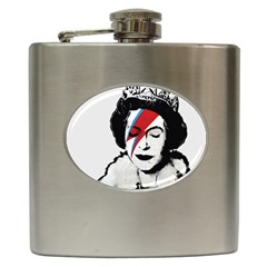 Banksy Graffiti Uk England God Save The Queen Elisabeth With David Bowie Rockband Face Makeup Ziggy Stardust Hip Flask (6 Oz) by snek