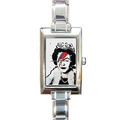 Banksy Graffiti Uk England God Save The Queen Elisabeth With David Bowie Rockband Face Makeup Ziggy Stardust Rectangle Italian Charm Watch by snek