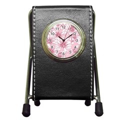 Pink Flowers Pen Holder Desk Clock by Sobalvarro