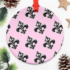 French France Fleur De Lys Metal Pattern Black And White Antique Vintage Pink And Black Rocker Round Ornament (two Sides) by Quebec