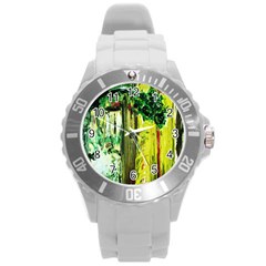 Old Tree And House With An Arch 8 Round Plastic Sport Watch (l) by bestdesignintheworld