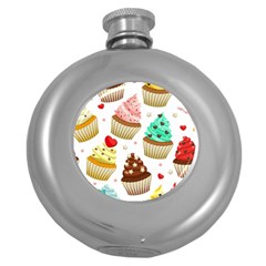 Seamless Pattern Yummy Colored Cupcakes Round Hip Flask (5 Oz) by Nexatart