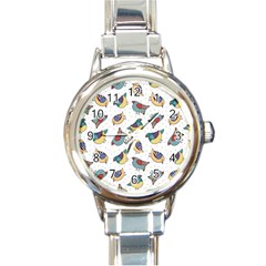 Seamless Pattern With Hand Drawn Bird Black Round Italian Charm Watch by Vaneshart