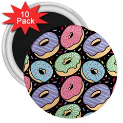 Colorful Donut Seamless Pattern On Black Vector 3  Magnets (10 Pack)  by Sobalvarro