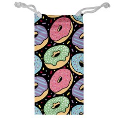 Colorful Donut Seamless Pattern On Black Vector Jewelry Bag by Sobalvarro