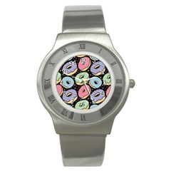 Colorful Donut Seamless Pattern On Black Vector Stainless Steel Watch by Sobalvarro