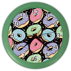 Colorful Donut Seamless Pattern On Black Vector Color Wall Clock by Sobalvarro