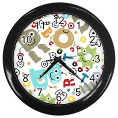 Seamless Pattern Vector With Funny Robots Cartoon Wall Clock (black) by Vaneshart