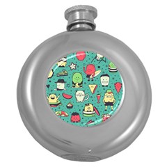 Seamless Pattern With Funny Monsters Cartoon Hand Drawn Characters Unusual Creatures Round Hip Flask (5 Oz) by Vaneshart