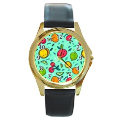 Various Fruits With Faces Seamless Pattern Round Gold Metal Watch by Vaneshart