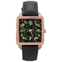 Floral Pattern With Plants Sloth Flowers Black Backdrop Rose Gold Leather Watch  by Vaneshart