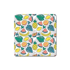 Seamless Pattern Tropical Fruit Banana Watermelon Papaya Lemon Orange Monstera Square Magnet by Vaneshart