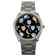 Cute Owl Doodles With Moon Star Seamless Pattern Sport Metal Watch by Vaneshart