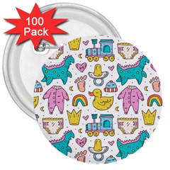 Baby Care Stuff Clothes Toys Cartoon Seamless Pattern 3  Buttons (100 Pack)  by Vaneshart