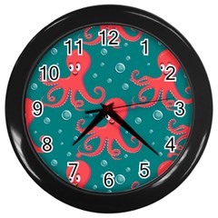 Cute Smiling Red Octopus Swimming Underwater Wall Clock (black) by BangZart