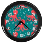 Cute smiling red octopus swimming underwater Wall Clock (Black) Front