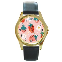 Strawberry Seamless Pattern Round Gold Metal Watch by BangZart