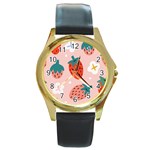 Strawberry seamless pattern Round Gold Metal Watch Front