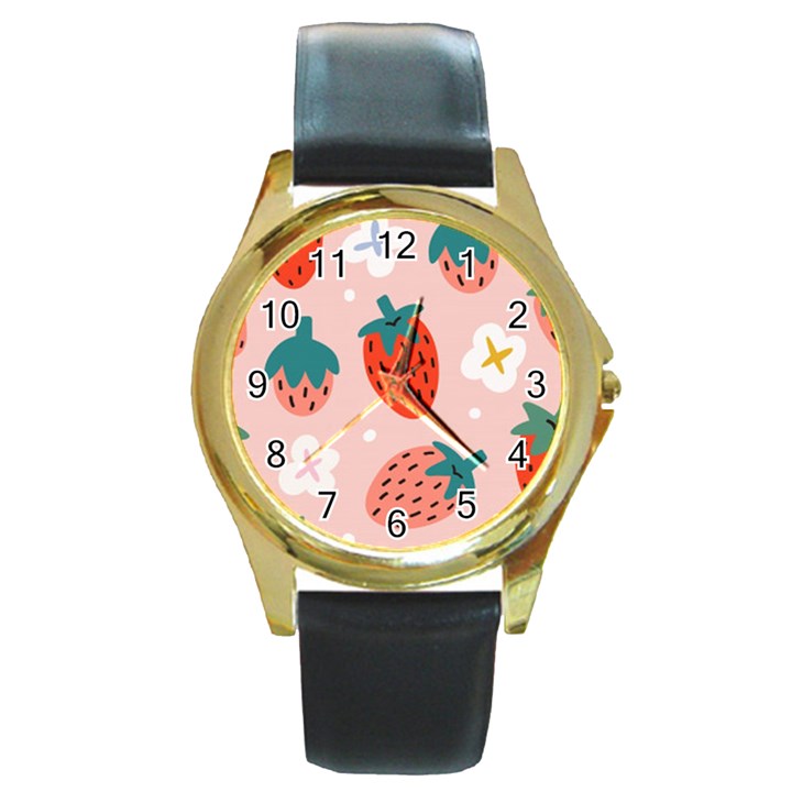 Strawberry seamless pattern Round Gold Metal Watch