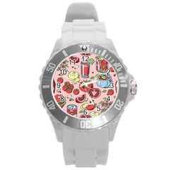 Tomato Seamless Pattern Juicy Tomatoes Food Sauce Ketchup Soup Paste With Fresh Red Vegetables Round Plastic Sport Watch (l) by BangZart