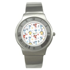 Cute Cartoon Robots Seamless Pattern Stainless Steel Watch by BangZart