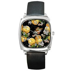 Embroidery Blossoming Lemons Butterfly Seamless Pattern Square Metal Watch by BangZart