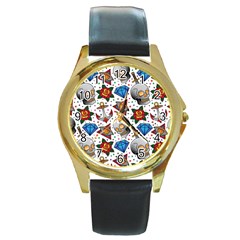 Full Color Flash Tattoo Patterns Round Gold Metal Watch by Amaryn4rt