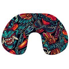 Vintage Tattoos Colorful Seamless Pattern Travel Neck Pillow by Amaryn4rt