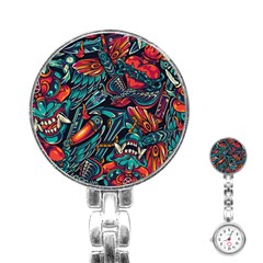 Vintage Tattoos Colorful Seamless Pattern Stainless Steel Nurses Watch by Amaryn4rt