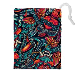 Vintage Tattoos Colorful Seamless Pattern Drawstring Pouch (4xl) by Amaryn4rt