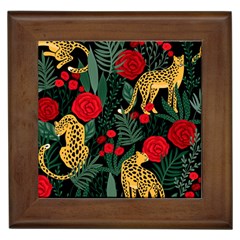 Seamless-pattern-with-leopards-and-roses-vector Framed Tile by Sobalvarro