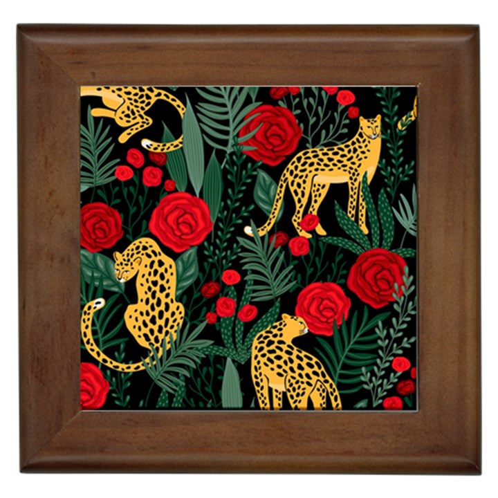 Seamless-pattern-with-leopards-and-roses-vector Framed Tile