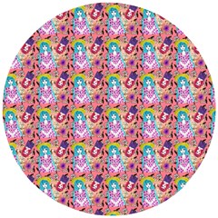 Blue Haired Girl Pattern Pink Wooden Puzzle Round by snowwhitegirl