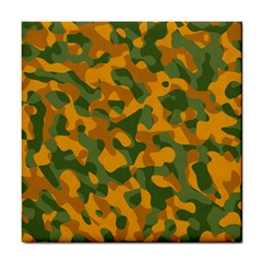 Green And Orange Camouflage Pattern Tile Coaster by SpinnyChairDesigns