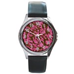 Pink and Brown Camouflage Round Metal Watch Front