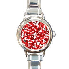 Red And White Camouflage Pattern Round Italian Charm Watch by SpinnyChairDesigns