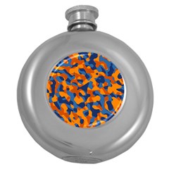 Blue And Orange Camouflage Pattern Round Hip Flask (5 Oz) by SpinnyChairDesigns