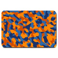 Blue And Orange Camouflage Pattern Large Doormat  by SpinnyChairDesigns